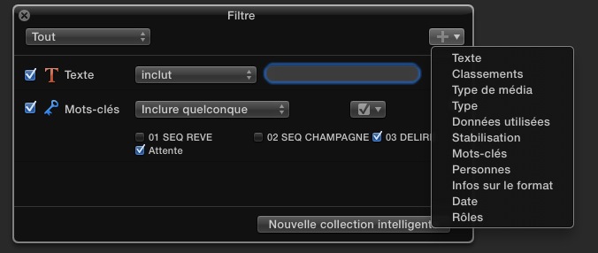 Fenetre de recherche mots clés intelligents sous fcpx