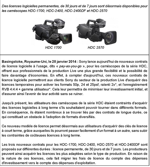 Sony lance de nouvelles licences logicielles  pay-as-you-go  pour la série HDC Page 1 cr