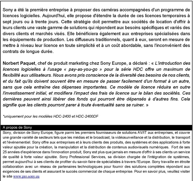 Sony lance de nouvelles licences logicielles  pay-as-you-go  pour la série HDC Page 2 cr