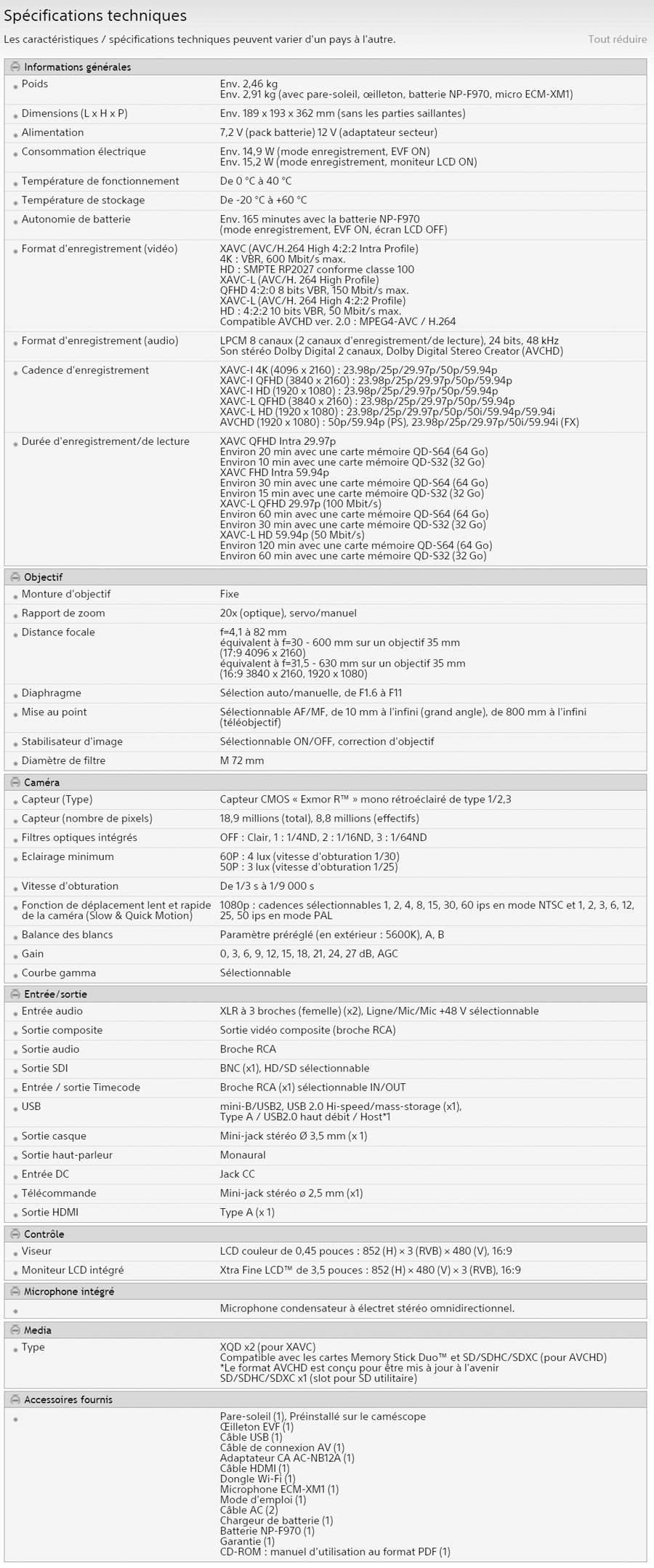 specifications sony pxw- z100