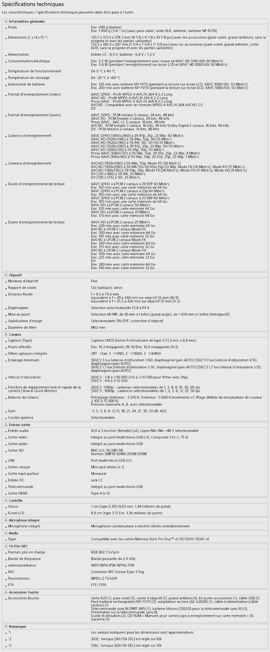 Sony PXW-X70-specifications constructeur